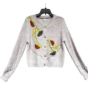 Sundance Lilac Floral Blooms Embroidered Knit Cardigan Sweater Size Medium